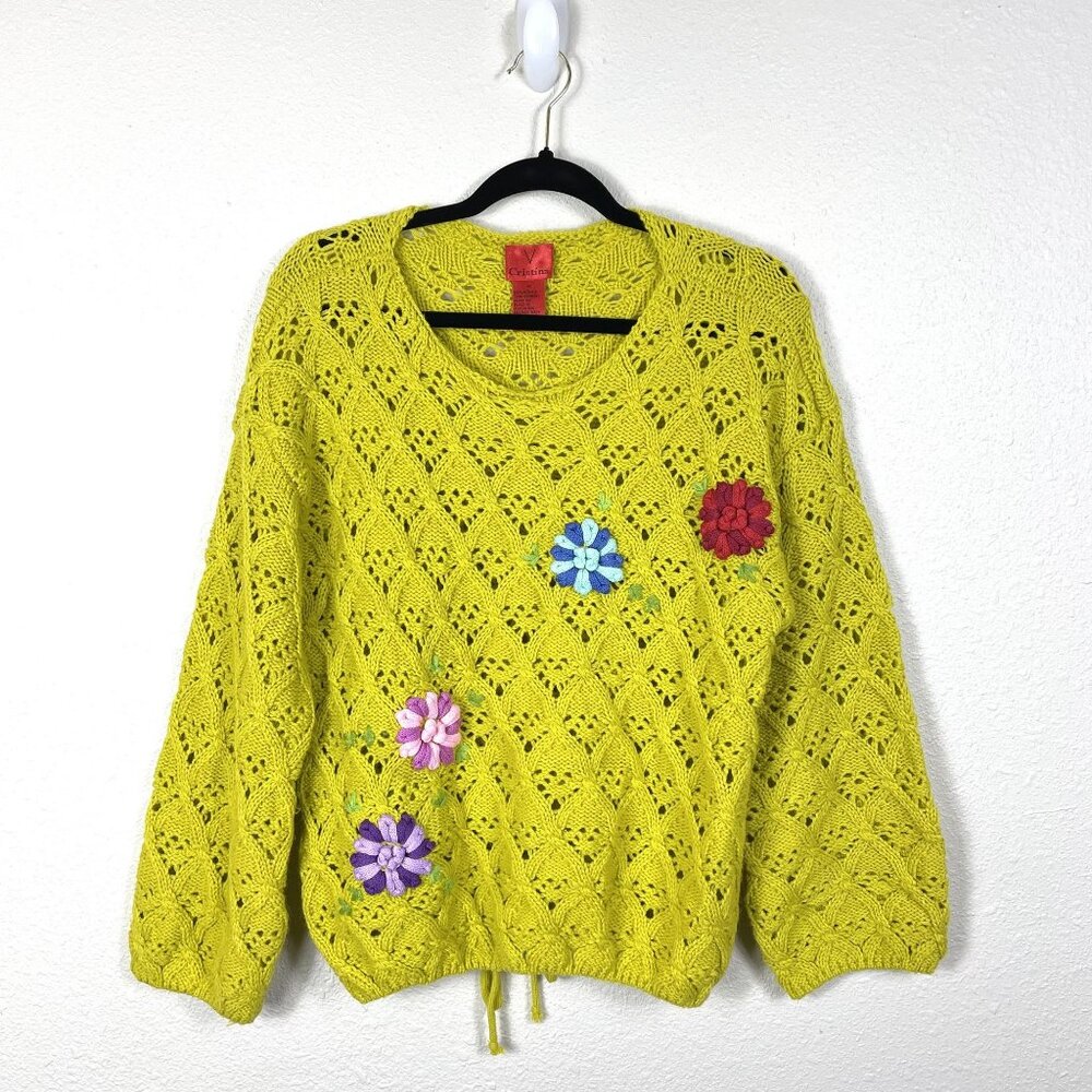 Vintage 80s Boho Hippie Knit Mustard Yellow Sweater Floral Embroidery Medium